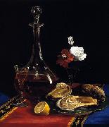 still life by Adalbert John Volck, showing decanter of wine, oysters, small vase of flowers, slice of lemon Adalbert John Volck